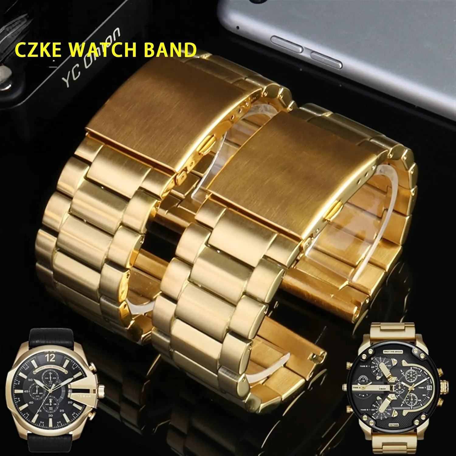 dial Men metal stainless steel watch band gold strap 24MM 26MM 28MM Bracelet, Golden A For diesel DZ7333 DZ4344 Watch boredom large 