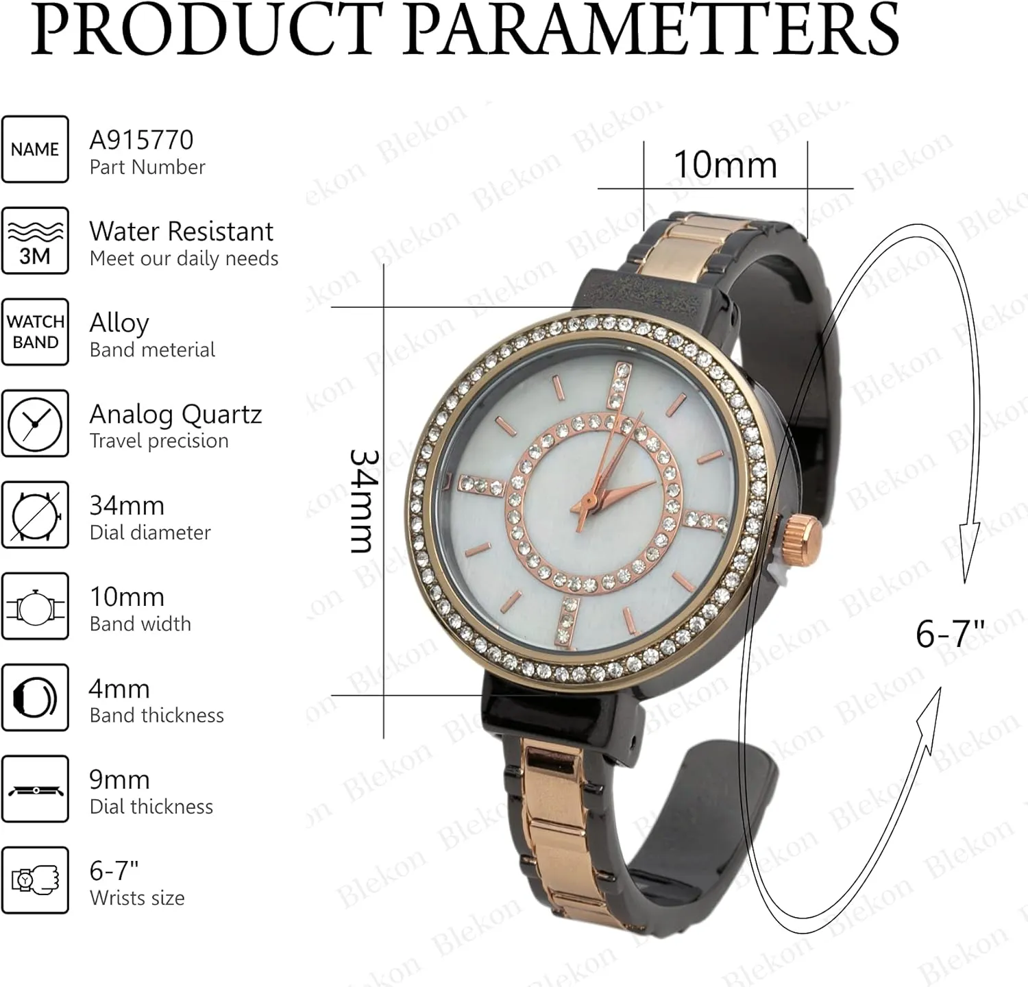 Dial Metal couple thwart erosion commentator Cuff Bangle Watch Blekon Collections Women's 34mm Case Rhinestone 
