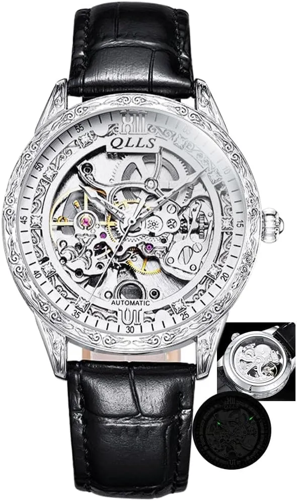 Diamond Inlaid Men Wristwatch Clock Silver Mens potash Mechanical Watch Retro Carved Automatic Watches Hollow 