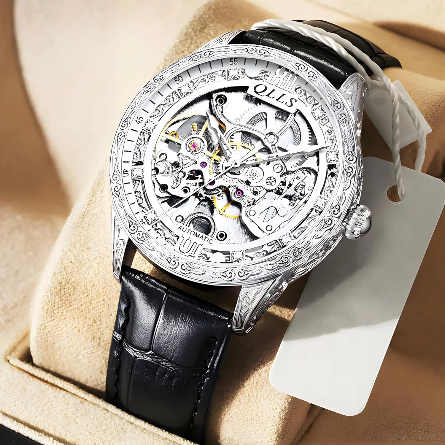 Diamond Inlaid Men Wristwatch Clock Silver Mens potash Mechanical Watch Retro Carved Automatic Watches Hollow 