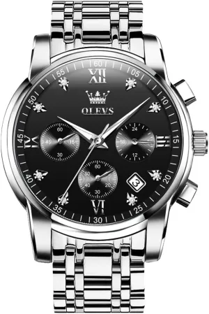 Diamond Roman Arabic Numerals Dial Dress Watch for Men OLEVS Men's Stainless Steel Chronograph Watch, Big Face Gold Silver Black Tone Easy to Read plausible Analog Quartz Watch, Luxury Waterproof Date 