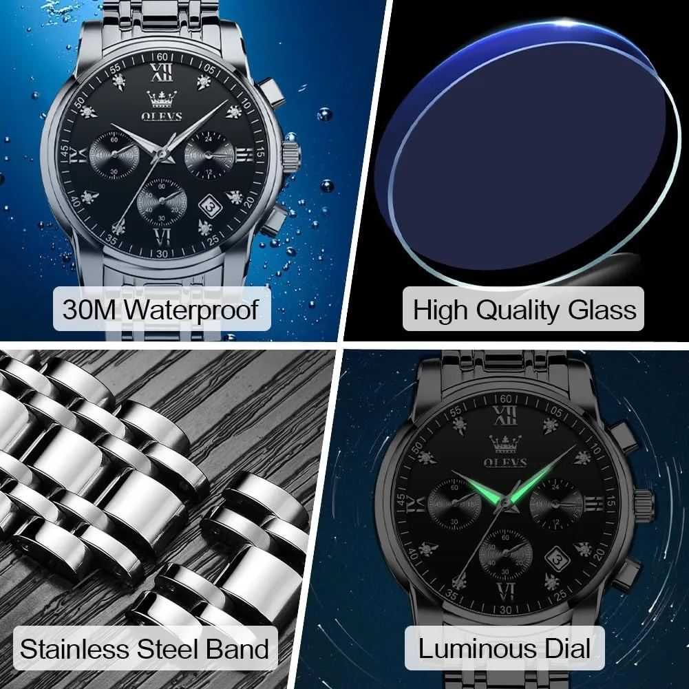 Diamond Roman Arabic Numerals Dial Dress Watch for Men OLEVS Men's Stainless Steel Chronograph Watch, Big Face Gold Silver Black Tone Easy to Read plausible Analog Quartz Watch, Luxury Waterproof Date 