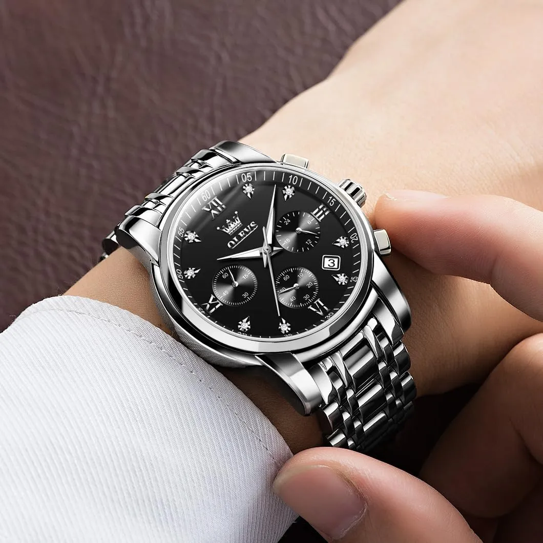 Diamond Roman Arabic Numerals Dial Dress Watch for Men OLEVS Men's Stainless Steel Chronograph Watch, Big Face Gold Silver Black Tone Easy to Read plausible Analog Quartz Watch, Luxury Waterproof Date 