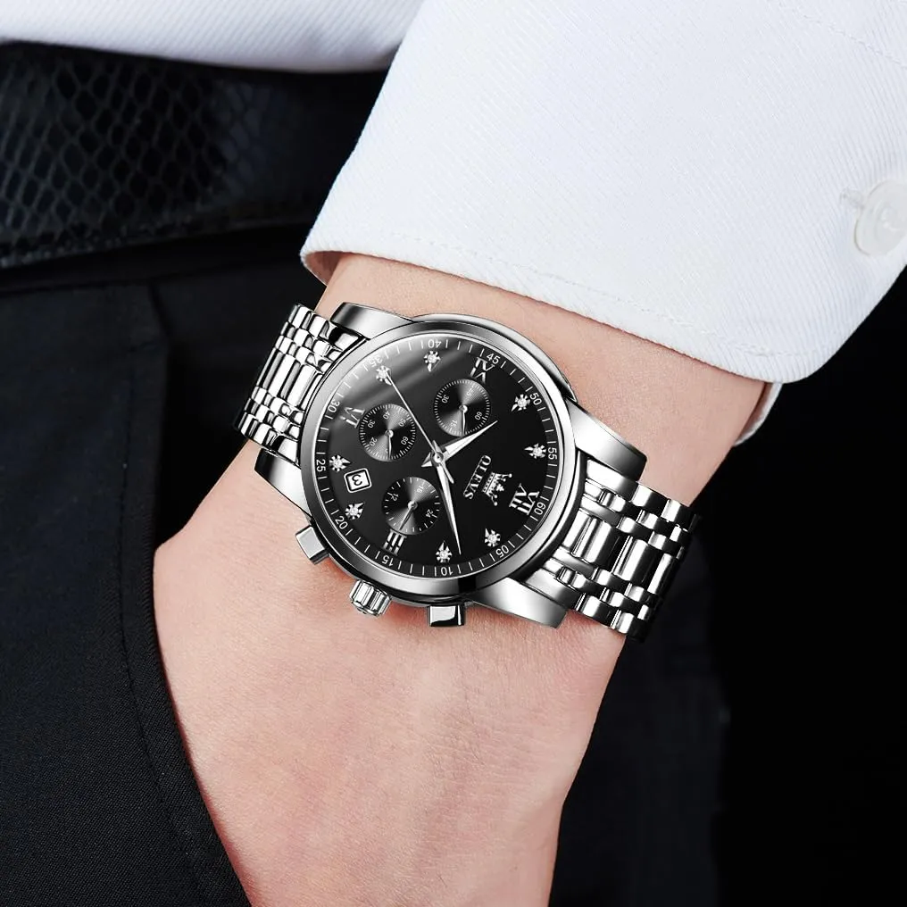 Diamond Roman Arabic Numerals Dial Dress Watch for Men OLEVS Men's Stainless Steel Chronograph Watch, Big Face Gold Silver Black Tone Easy to Read plausible Analog Quartz Watch, Luxury Waterproof Date 