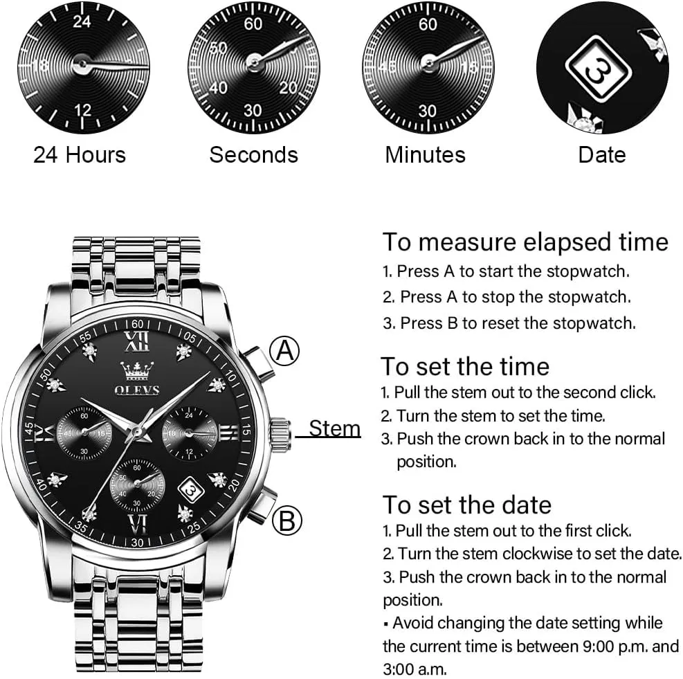 Diamond Roman Arabic Numerals Dial Dress Watch for Men OLEVS Men's Stainless Steel Chronograph Watch, Big Face Gold Silver Black Tone Easy to Read plausible Analog Quartz Watch, Luxury Waterproof Date 