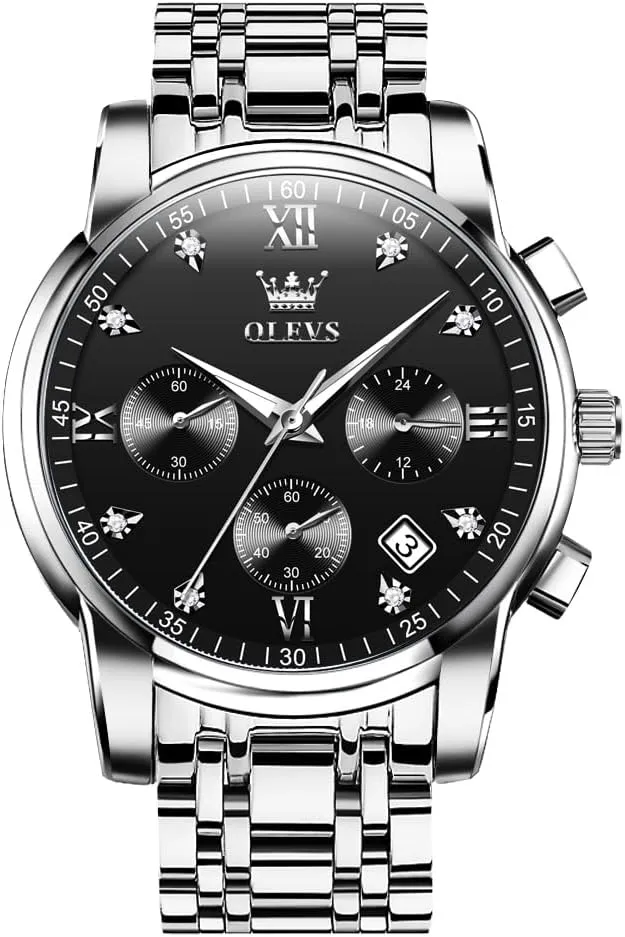 Diamond Roman Arabic Numerals Dial Dress Watch for Men OLEVS Men's Stainless Steel Chronograph Watch, Big Face Gold Silver Black Tone Easy to Read plausible Analog Quartz Watch, Luxury Waterproof Date 