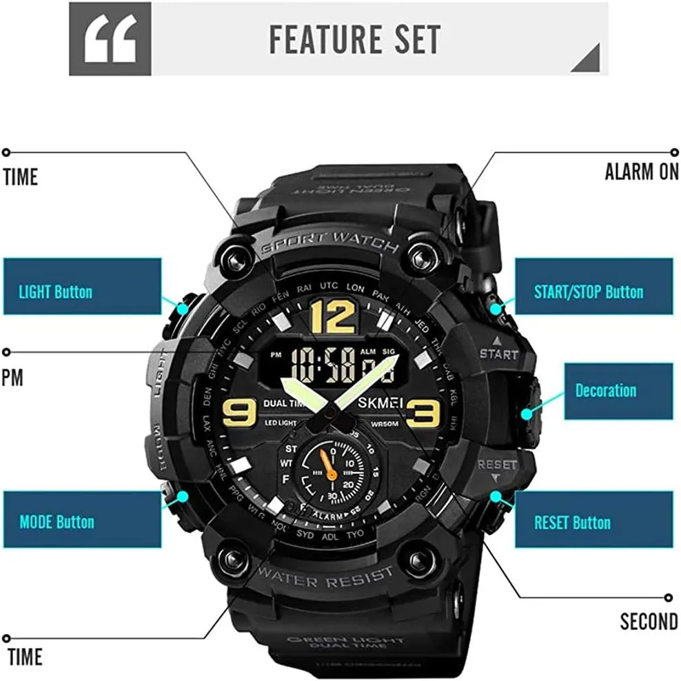 Digital Dual Time Watch Sport Watch Outdoor Military Electronic Watch MASTOP Mens permeate Stopwatch Waterproof Analog 