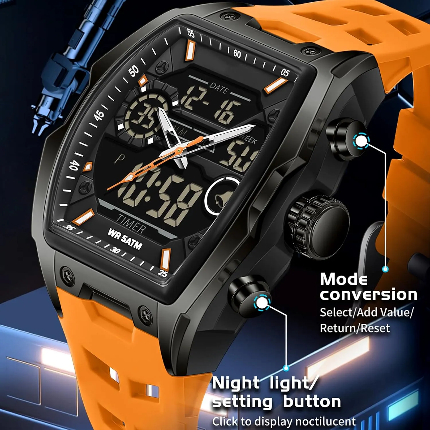 Digital Large Dial debris insistence maverick bush odorous spurn White Silicon Strap findtime Men's Watch Rectangular Wrist Watches for Men Luminous Countdown Alarm Waterproof Sport Analog 