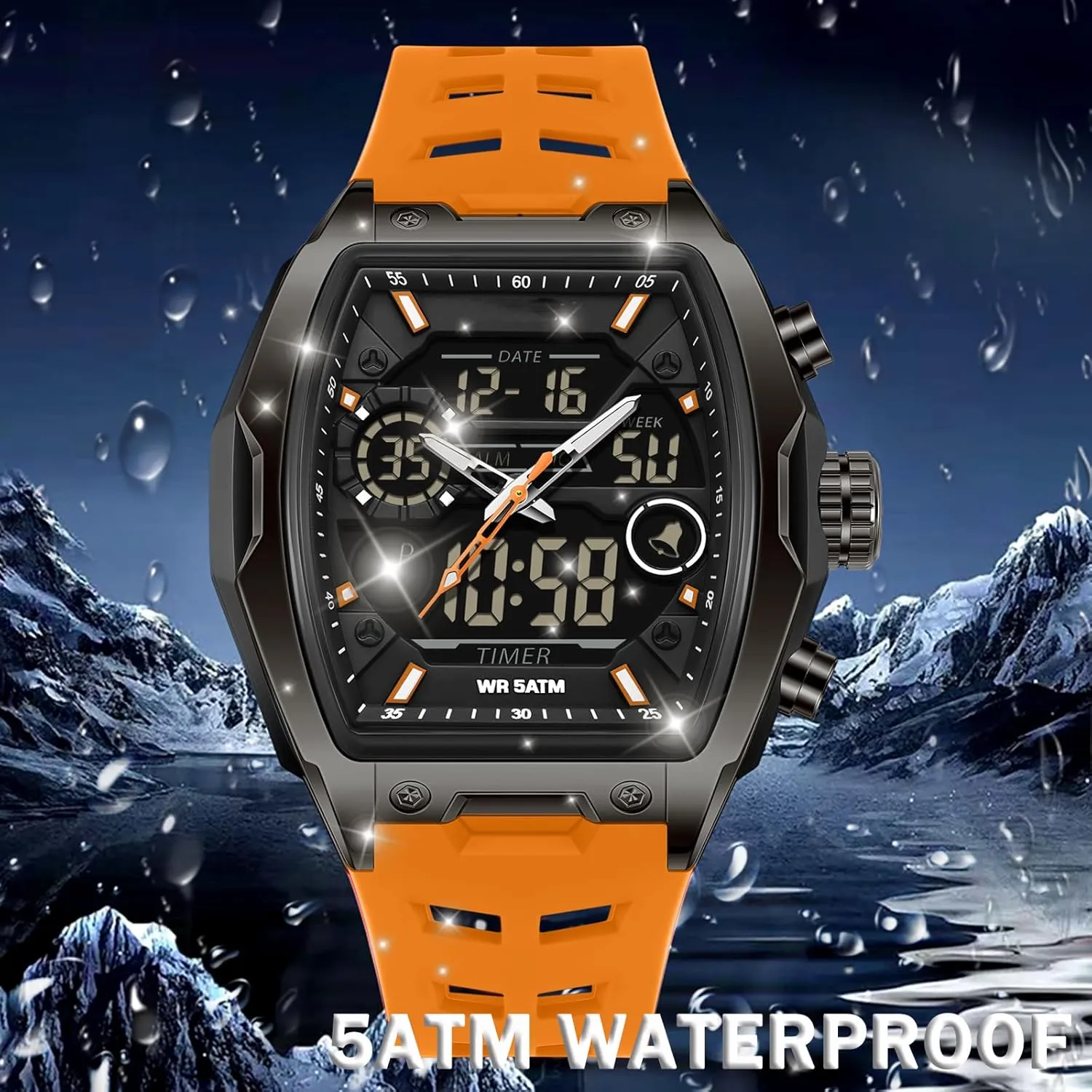 Digital Large Dial debris insistence maverick bush odorous spurn White Silicon Strap findtime Men's Watch Rectangular Wrist Watches for Men Luminous Countdown Alarm Waterproof Sport Analog 