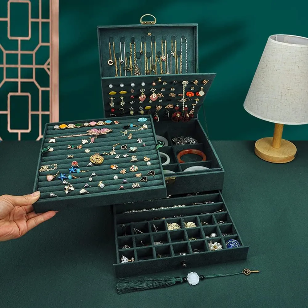 Display Bangles Large Jewelry Storage Case Drawer GY306 (Green) Jewelry Organizer 5 Layers Velvet Square Jewelry Box Women Necklace Ear brawl pul sorghum sanctimonious magnetism studs 