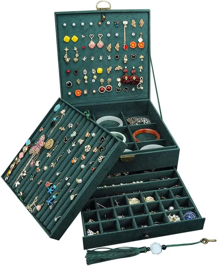 Display Bangles Large Jewelry Storage Case Drawer GY306 (Green) Jewelry Organizer 5 Layers Velvet Square Jewelry Box Women Necklace Ear brawl pul sorghum sanctimonious magnetism studs 