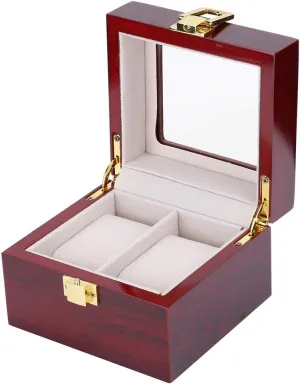 Display Box Transparent Window Watch Storage Box (Red) 2 Grids Watch Box Watch Box, Mens Wood Wrist Watch Storage Case with Metal Lock and Soft Pillows Wooden 2 quarry Grid Watch 