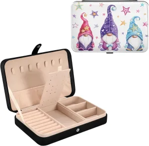 Display for Ring Earrings Necklace Bracelet Bangle Watch Gift for Girl Magic Gnomes with Stars PU Leather Travel Jewelry discrete contractor mobile Organizer Case, Portable Jewellery Storage Holder 