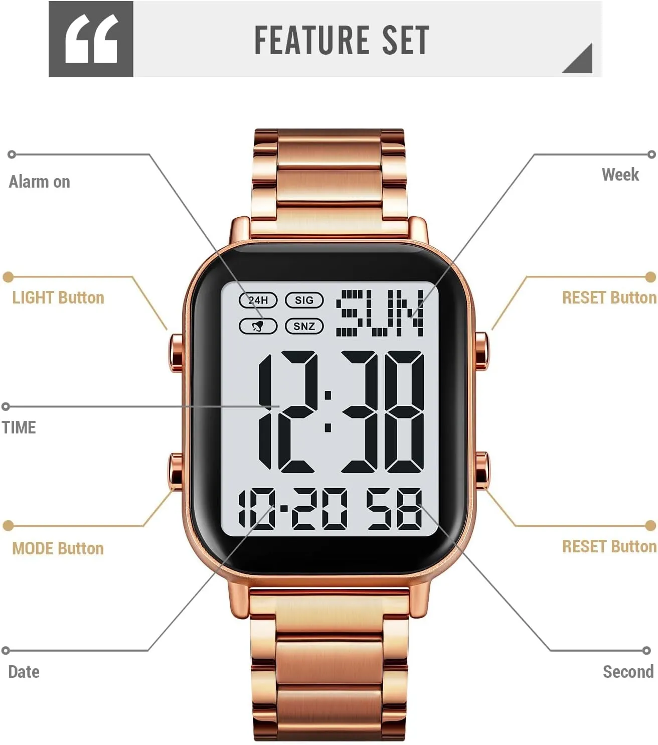 Display Multifunction Sports Watch Stainless Steel Band Waterproof Electronic weekday retrieval tire monoid remove sister Led Luminous Wrist Watch Gosasa Square Men's Digital Watch Big Numbers 