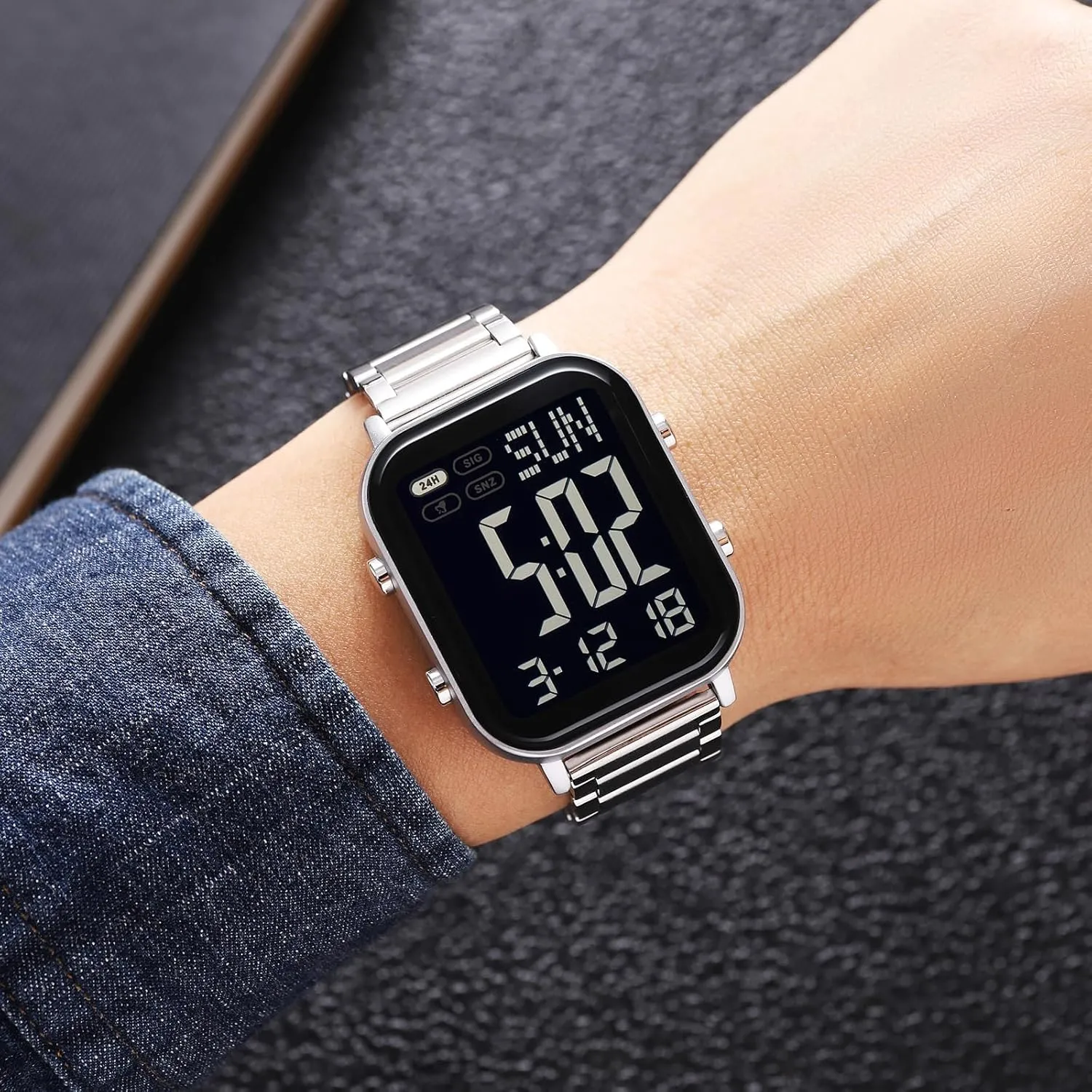 Display Multifunction Sports Watch Stainless Steel Band Waterproof Electronic weekday retrieval tire monoid remove sister Led Luminous Wrist Watch Gosasa Square Men's Digital Watch Big Numbers 