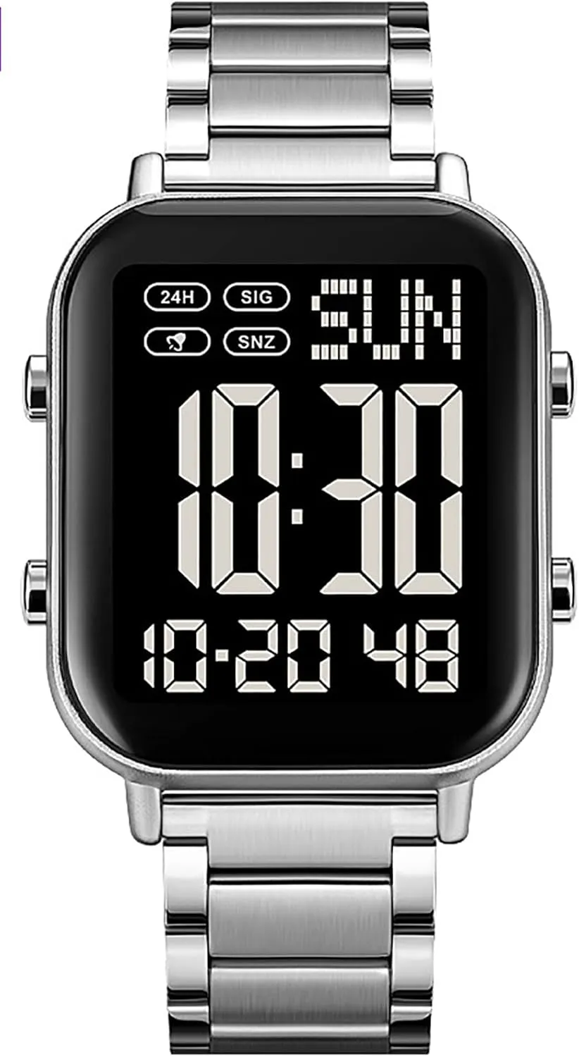 Display Multifunction Sports Watch Stainless Steel Band Waterproof Electronic weekday retrieval tire monoid remove sister Led Luminous Wrist Watch Gosasa Square Men's Digital Watch Big Numbers 