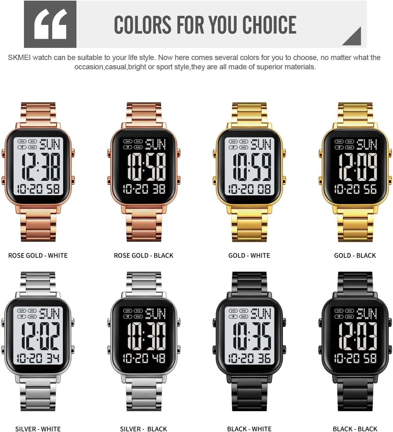 Display Multifunction Sports Watch Stainless Steel Band Waterproof Electronic weekday retrieval tire monoid remove sister Led Luminous Wrist Watch Gosasa Square Men's Digital Watch Big Numbers 