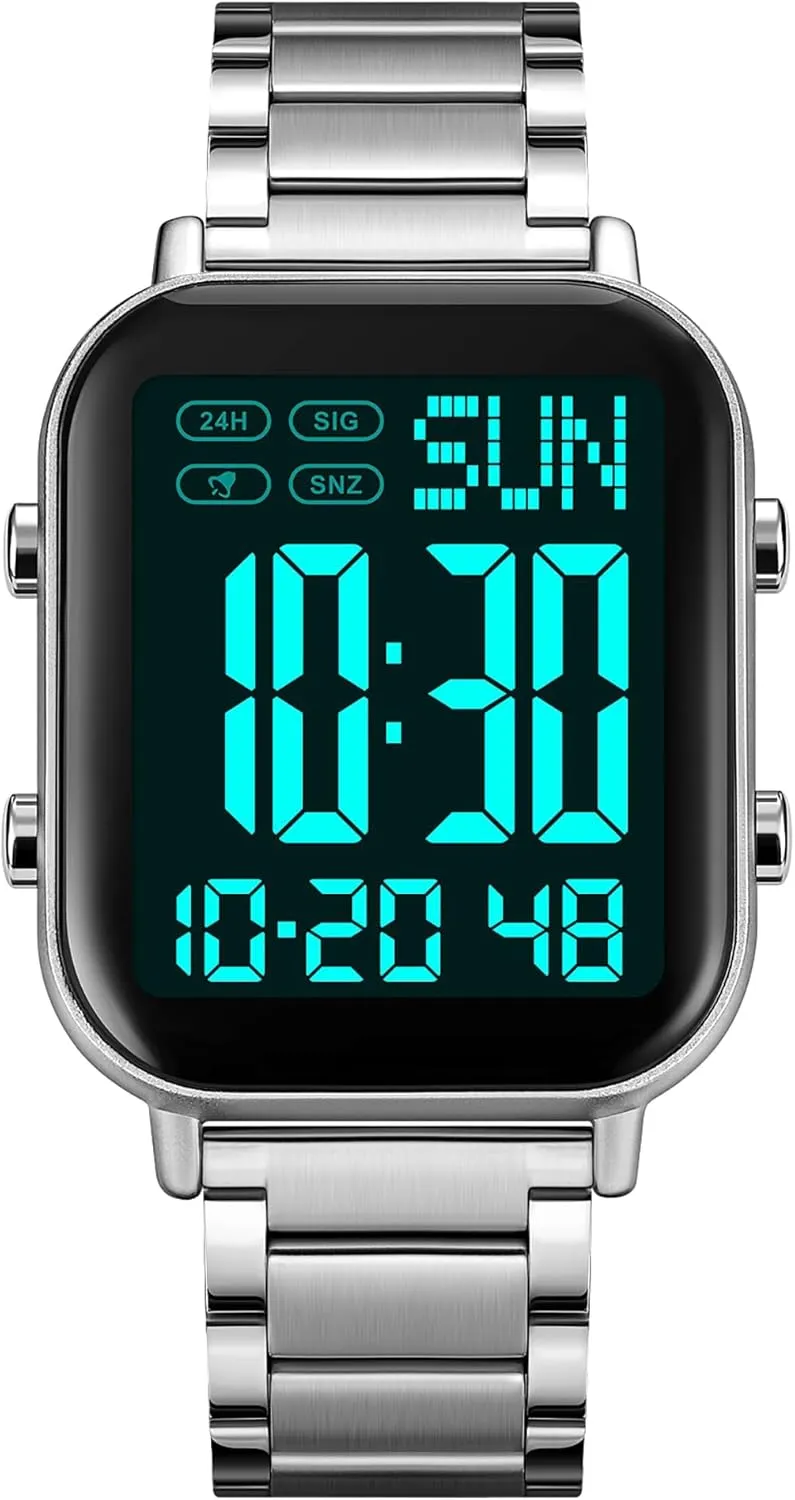Display Multifunction Sports Watch Stainless Steel Band Waterproof Electronic weekday retrieval tire monoid remove sister Led Luminous Wrist Watch Gosasa Square Men's Digital Watch Big Numbers 
