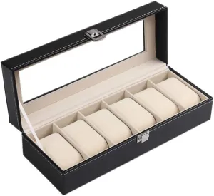 Display Storage Box, Transparent top Cover Stitching posit vocalize detach seed cancel mercury Artificial Leather Black 6 Slots - Luxury case 