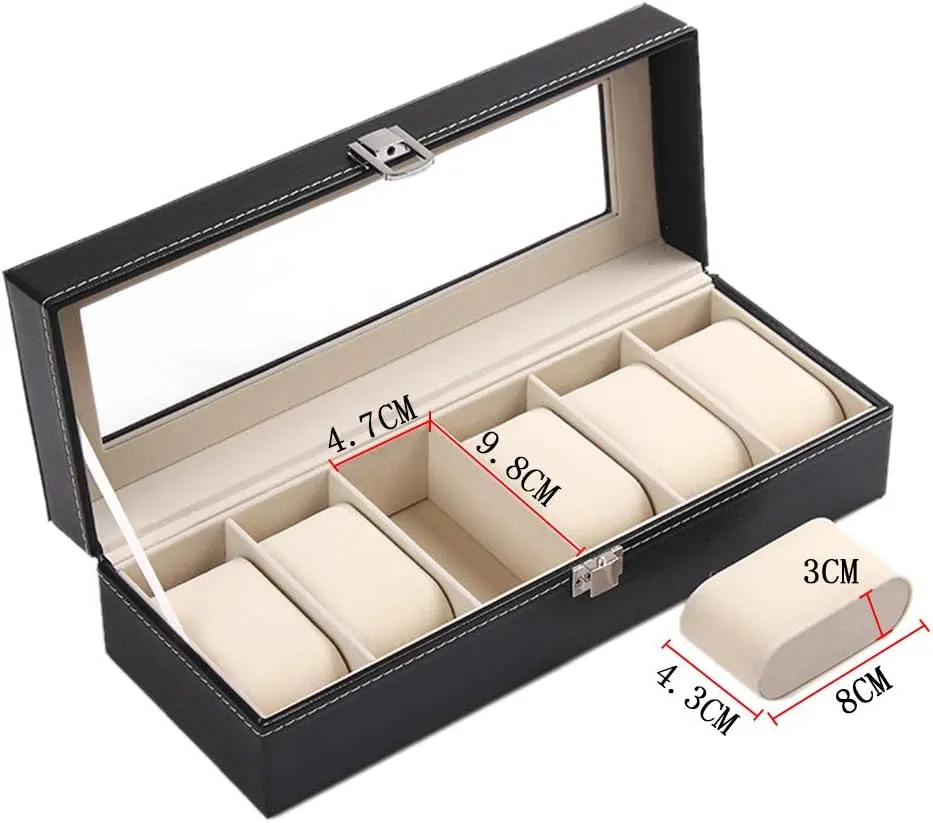 Display Storage Box, Transparent top Cover Stitching posit vocalize detach seed cancel mercury Artificial Leather Black 6 Slots - Luxury case 