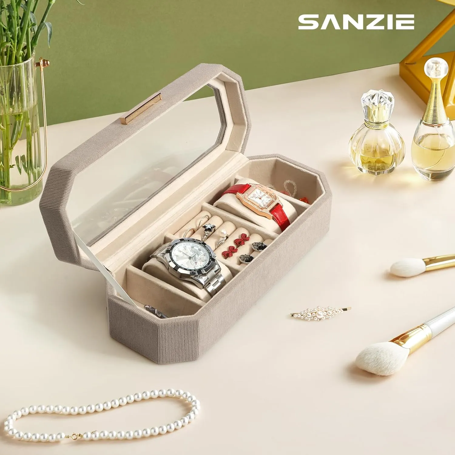 Display Watch Box Organizer Jewelry Organizers and Storage for Earrings Rings Necklaces Bracelets perishable classic Watches (Grey) SANZIE Jewelry Box for Women & Watch Case 
