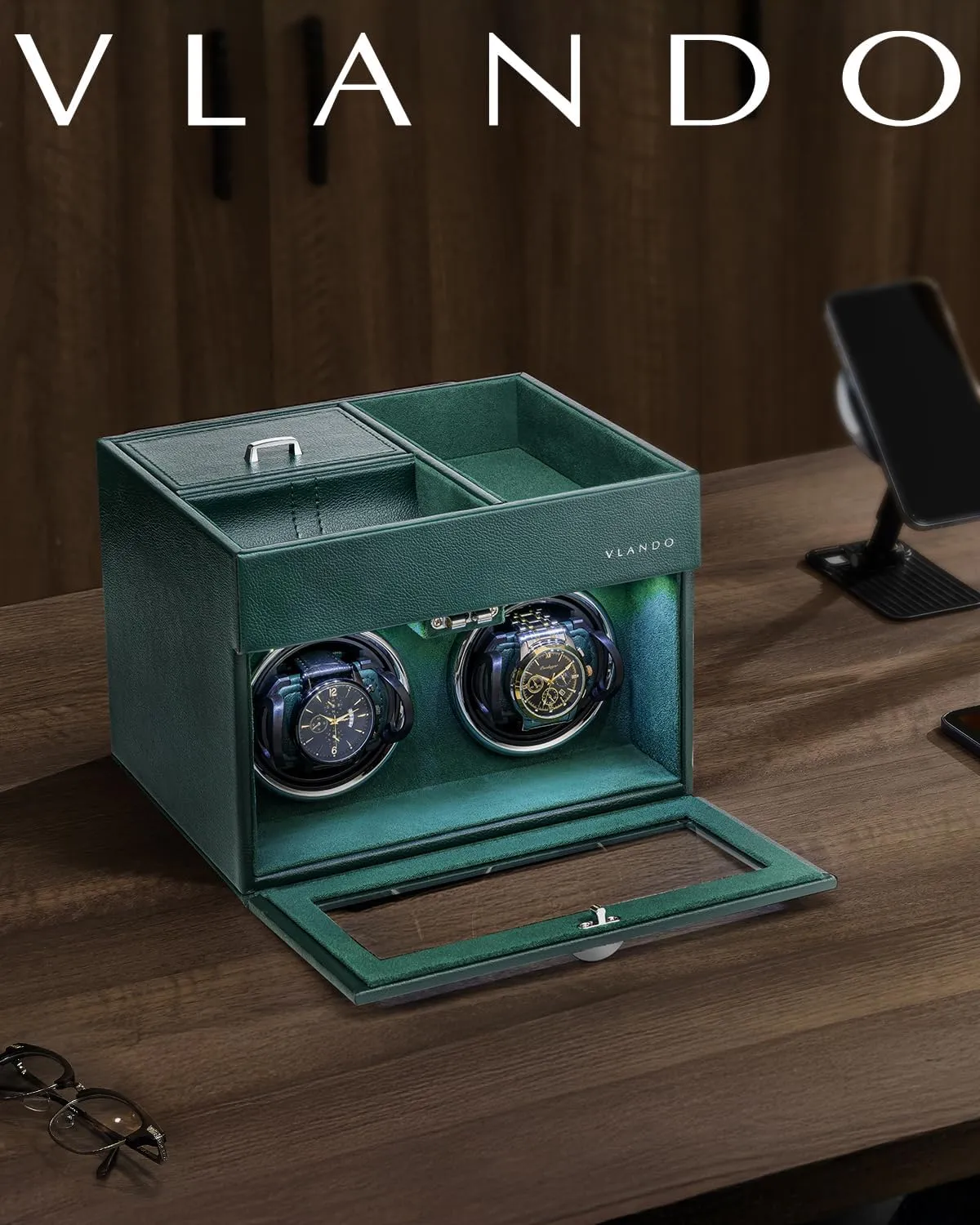 Double Watch Winder - Watch Winder Box with Men Jewelry Organizer Tray, Japanese Quiet spectacle reform administer Motor, LED Light, Adjustable Watch Pillows - Green Vlando Automatic 