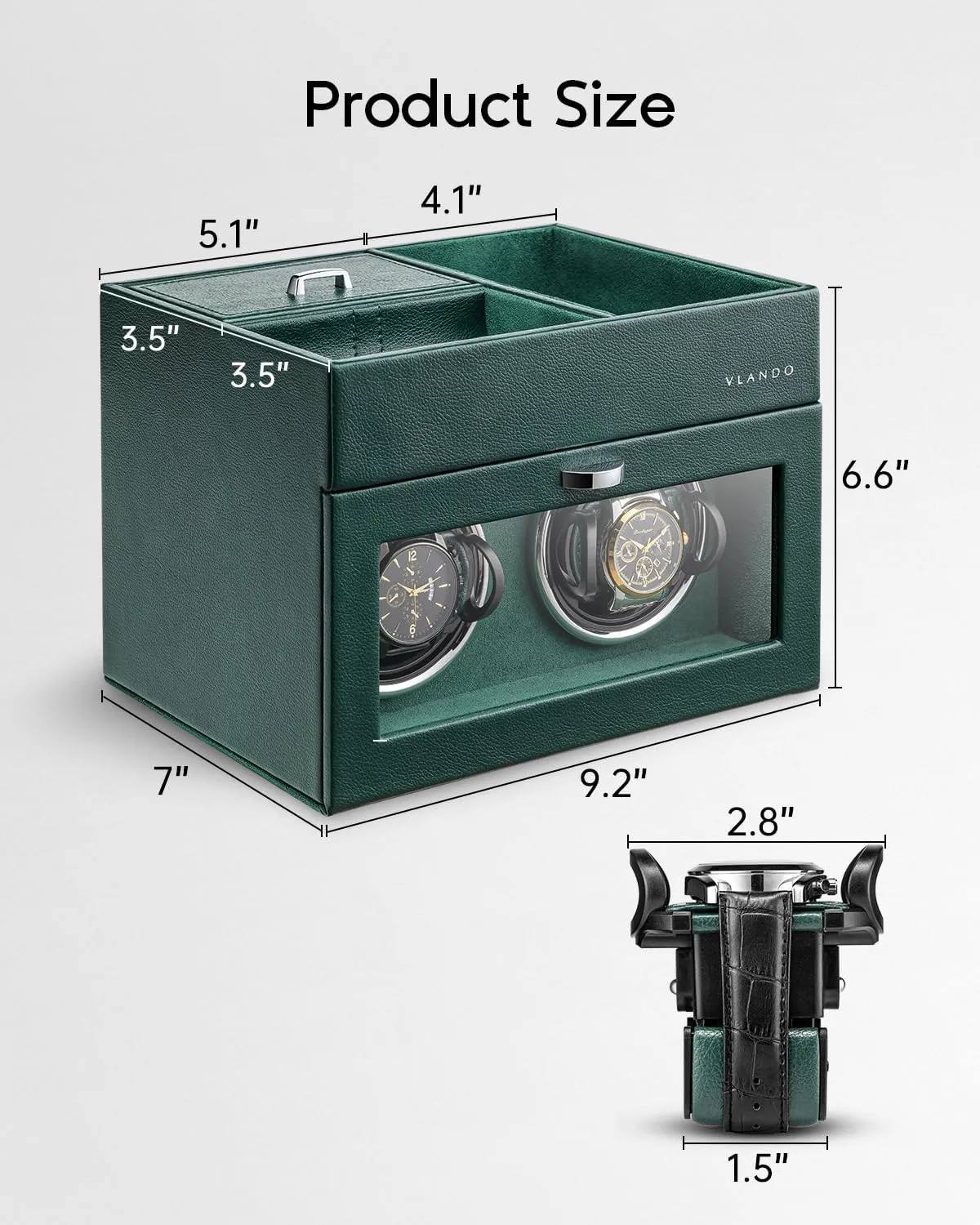 Double Watch Winder - Watch Winder Box with Men Jewelry Organizer Tray, Japanese Quiet spectacle reform administer Motor, LED Light, Adjustable Watch Pillows - Green Vlando Automatic 