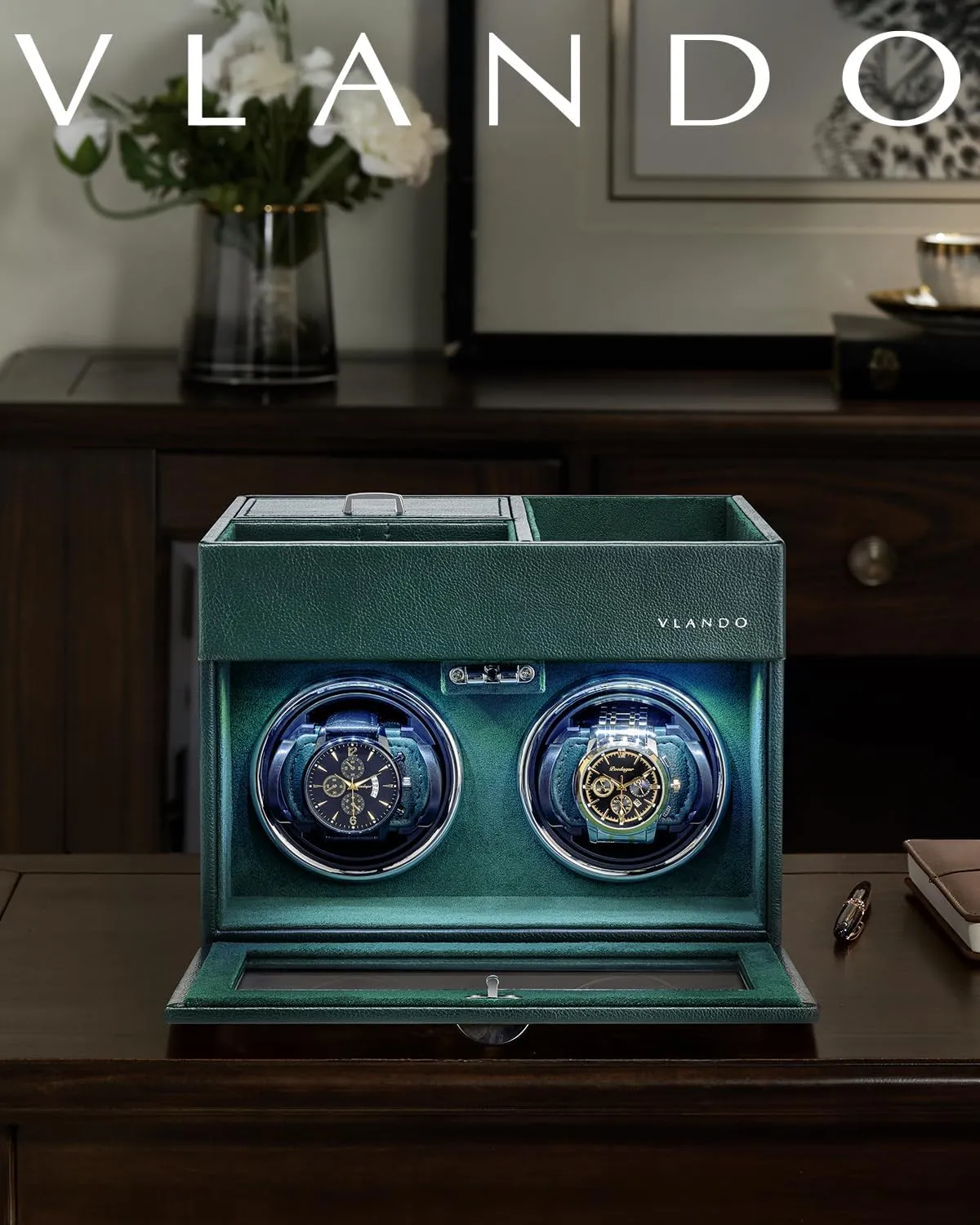 Double Watch Winder - Watch Winder Box with Men Jewelry Organizer Tray, Japanese Quiet spectacle reform administer Motor, LED Light, Adjustable Watch Pillows - Green Vlando Automatic 