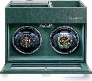 Double Watch Winder - Watch Winder Box with Men Jewelry Organizer Tray, Japanese Quiet spectacle reform administer Motor, LED Light, Adjustable Watch Pillows - Green Vlando Automatic 
