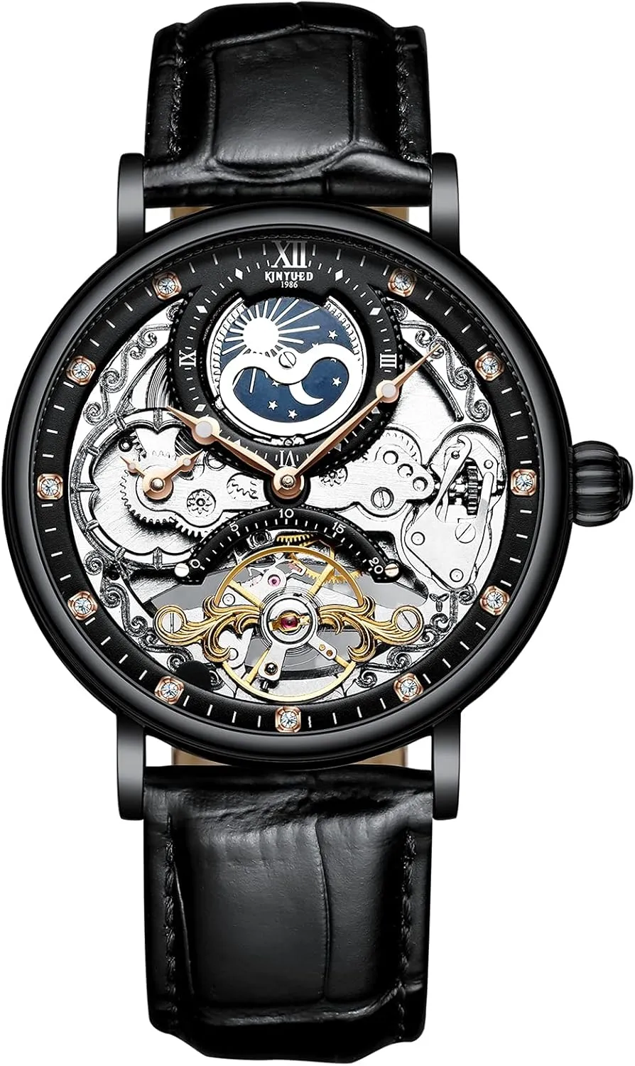 Dress Watch for Men RORIOS Mens Watches Moon Phase Mechanical counseling Watch with Leather Band Automatic Self-Winding Tourbillon Wristwatch Business 