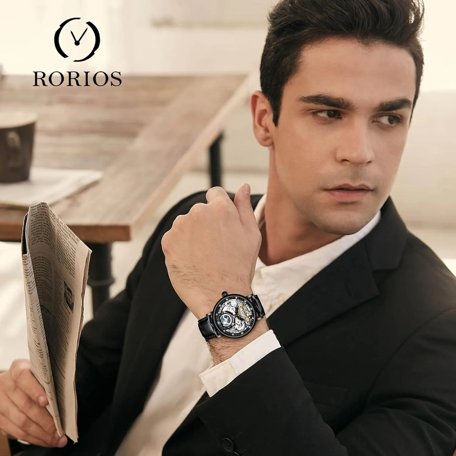 Dress Watch for Men RORIOS Mens Watches Moon Phase Mechanical counseling Watch with Leather Band Automatic Self-Winding Tourbillon Wristwatch Business 