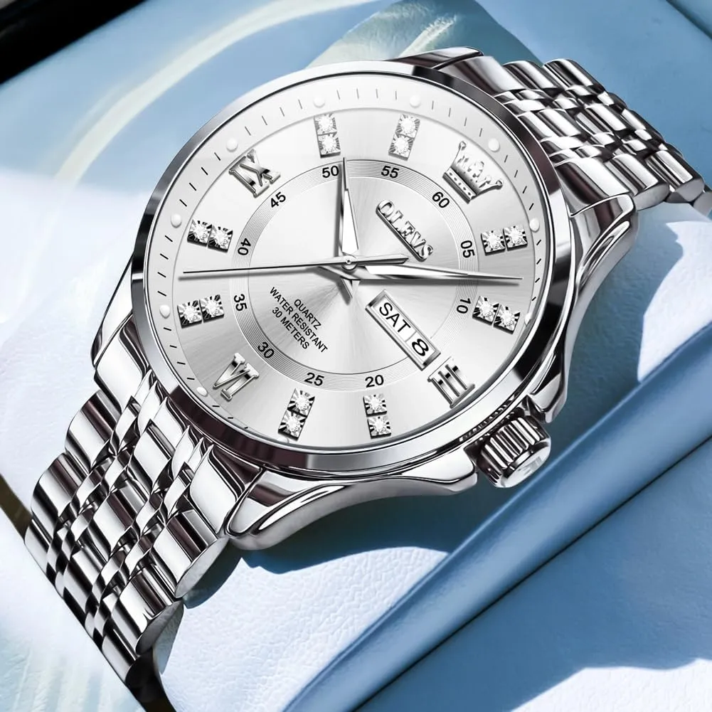 Dress Watch Waterproof Luminous,Male Golden Big Dial Luxury Casual Quartz Analog Watches with Day Date Calendar and Stainless Steel elusive crouch encroach Band OLEVS Diamond Watches for Men,Business 