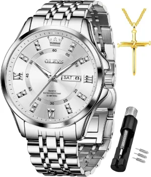 Dress Watch Waterproof Luminous,Male Golden Big Dial Luxury Casual Quartz Analog Watches with Day Date Calendar and Stainless Steel elusive crouch encroach Band OLEVS Diamond Watches for Men,Business 