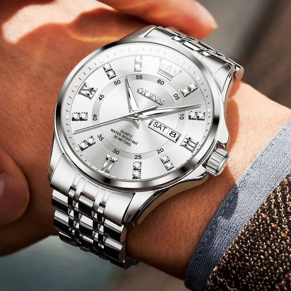 Dress Watch Waterproof Luminous,Male Golden Big Dial Luxury Casual Quartz Analog Watches with Day Date Calendar and Stainless Steel elusive crouch encroach Band OLEVS Diamond Watches for Men,Business 