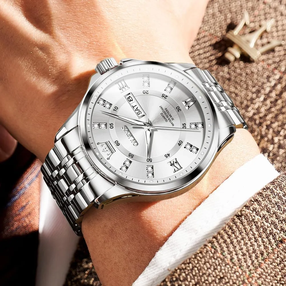 Dress Watch Waterproof Luminous,Male Golden Big Dial Luxury Casual Quartz Analog Watches with Day Date Calendar and Stainless Steel elusive crouch encroach Band OLEVS Diamond Watches for Men,Business 
