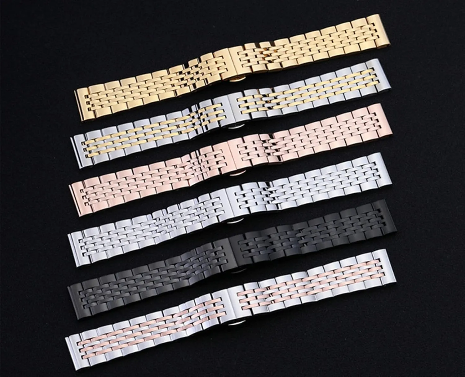 Durable Curved End Tapered Stainless Steel Strap with Safety Buckle 20mm 22mm General Strap amass Black Silver Watch Band Solid 