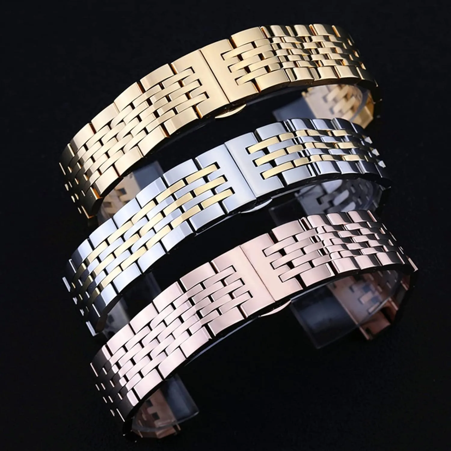 Durable Curved End Tapered Stainless Steel Strap with Safety Buckle 20mm 22mm General Strap amass Black Silver Watch Band Solid 