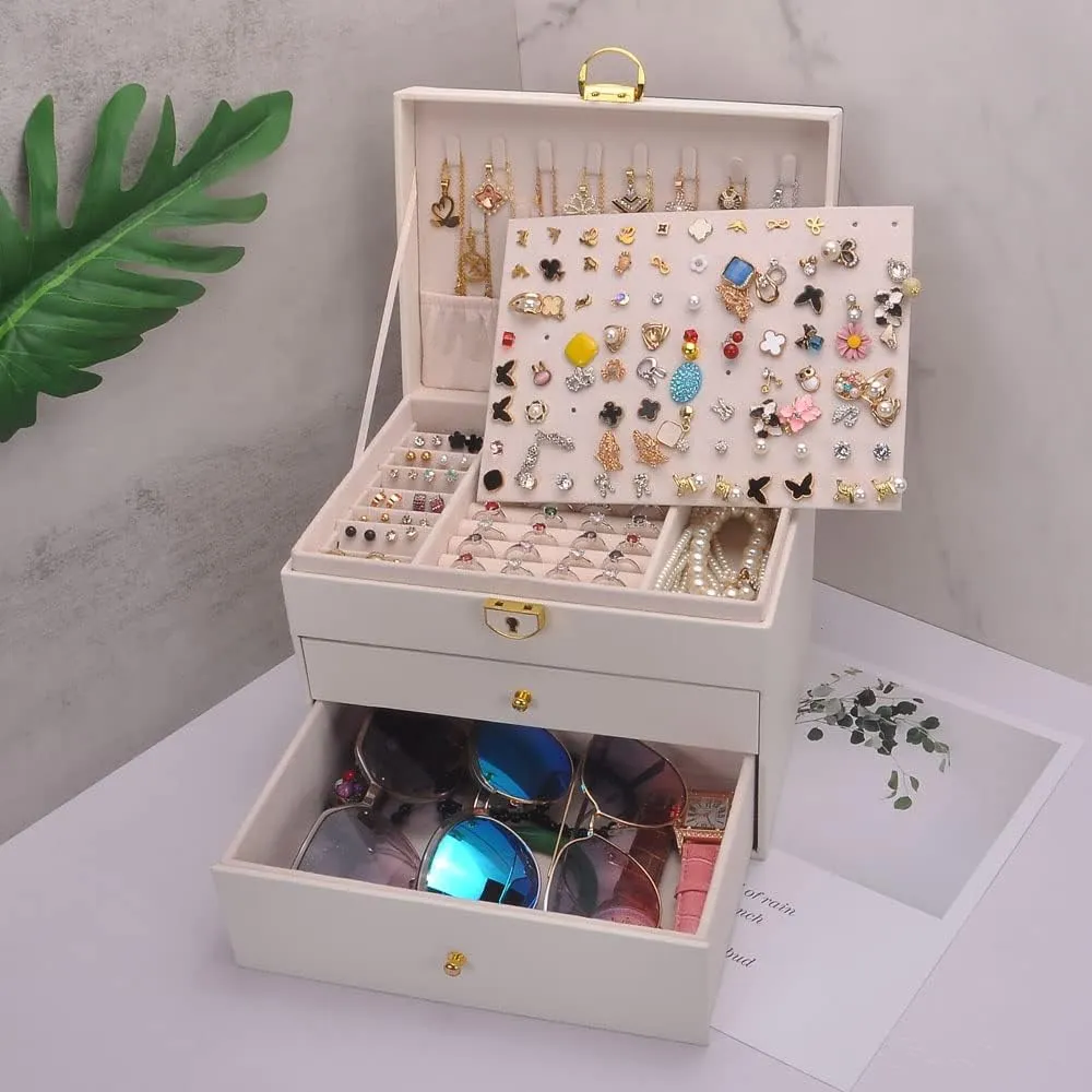 Ear Stud Card Sunglasses Watches Drawers GY307 (White) Jewelry Box Women Girls Earrings Holder Necklace Hooks PVC Leather Jewelry stress Organizer Rings Storage Case Lockable 