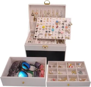 Ear Stud Card Sunglasses Watches Drawers GY307 (White) Jewelry Box Women Girls Earrings Holder Necklace Hooks PVC Leather Jewelry stress Organizer Rings Storage Case Lockable 