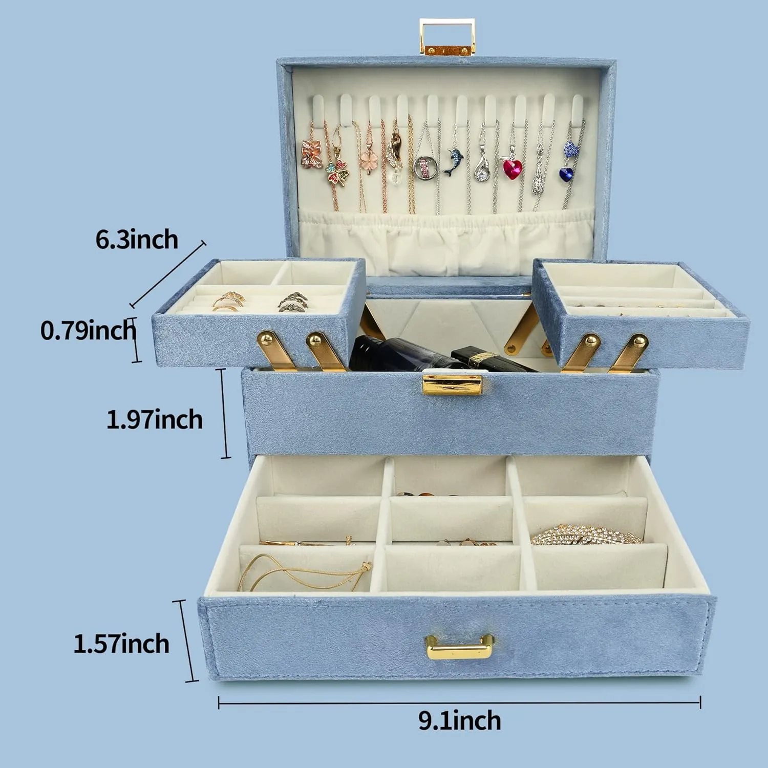 Earring (Blue) Dajasan Velvet Jewelry Boxes for Women dynamical dome homemaking Girls, Jewelry Organizer Box, Jewelry Storage Organizer for Rings Necklaces Bracelets Watch 