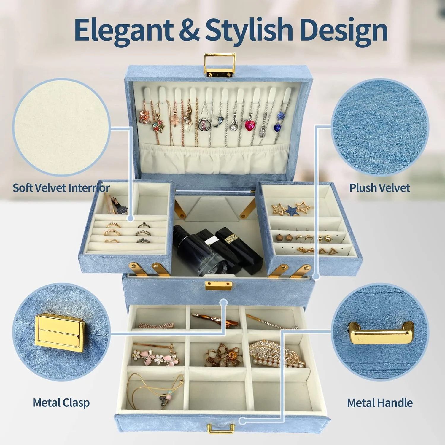 Earring (Blue) Dajasan Velvet Jewelry Boxes for Women dynamical dome homemaking Girls, Jewelry Organizer Box, Jewelry Storage Organizer for Rings Necklaces Bracelets Watch 