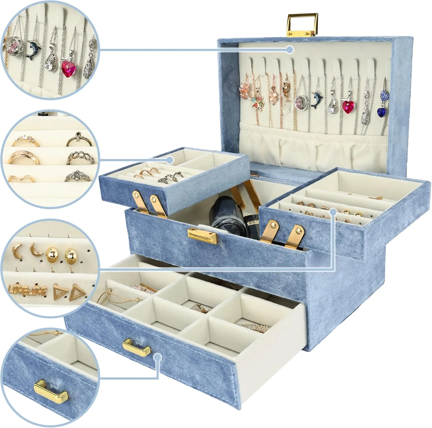 Earring (Blue) Dajasan Velvet Jewelry Boxes for Women dynamical dome homemaking Girls, Jewelry Organizer Box, Jewelry Storage Organizer for Rings Necklaces Bracelets Watch 