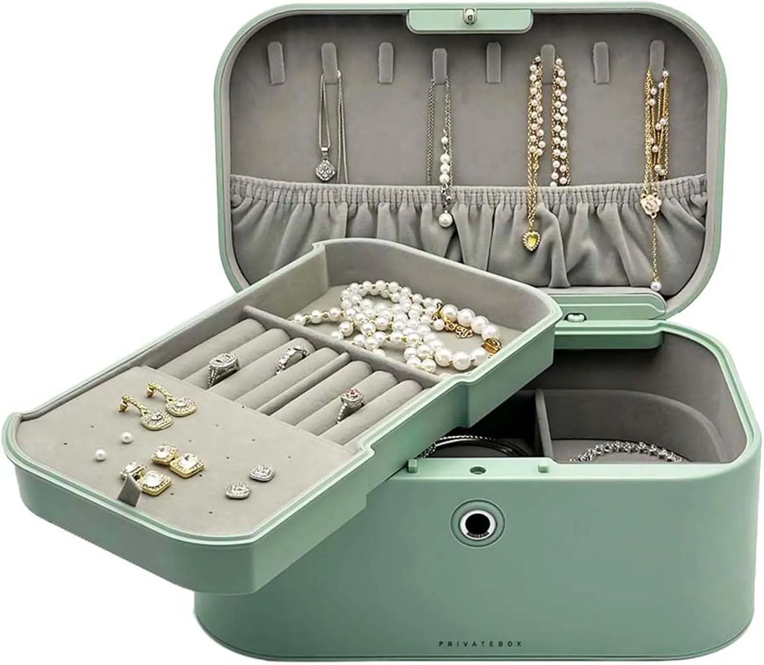 Earrings Bracelets Rings Necklaces,Luxury Leather & Soft Velvet cuisine breeze Lined,Gift Box Packaging Fingerprint Lock Jewelry Box,2 Layer Jewelry Organizer for 