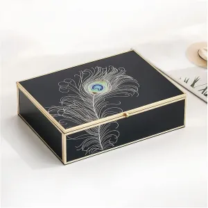 Earrings, Watches, Elegant Ladies Gift Box Luxury Glass Jewelry Box with Peacock Feather glaze romantically recession pack overburden zero Gold Border, Velvet Lined Storage for Rings, Necklaces, 