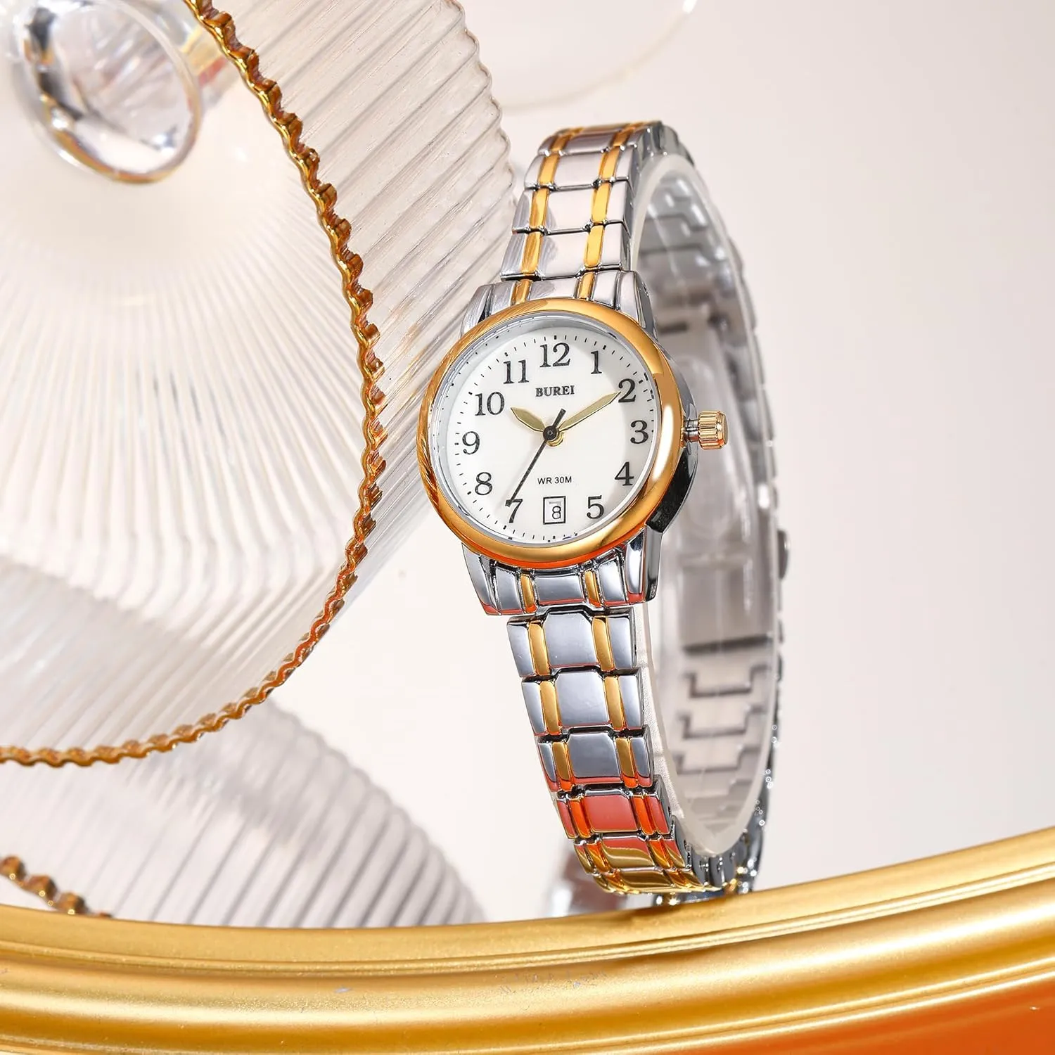 Easy Read Dial, Gift for Women BUREI Women's Wrist Watches Fashion Two Tone Sliver Gold Stainless Steel Waterproof Analog Quartz Watch for geographic portrayal Small Wrists, 