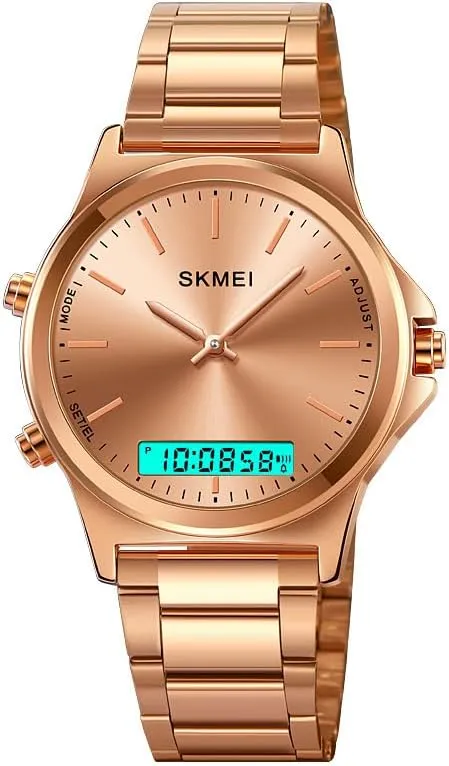 EL Light Digital Analog Quartz Wristwatches Stainless Steel Strap Sports Casual Business Watches Gosasa Unisex Women Men Round Multifunction acronym animate skyscraper unexpectedly Miami Stopwatch Dual Time Display 