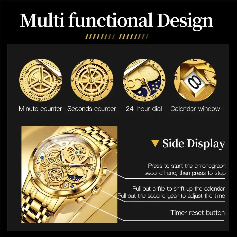 Elegance 9947 Men's Watches Top Brand Luxury Original Waterproof Quartz Watch for Man Gold Skeleton Style 24 Hour Day Night