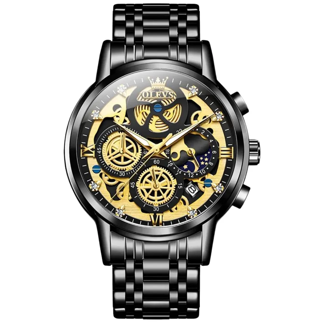 Elegance 9947 Men's Watches Top Brand Luxury Original Waterproof Quartz Watch for Man Gold Skeleton Style 24 Hour Day Night