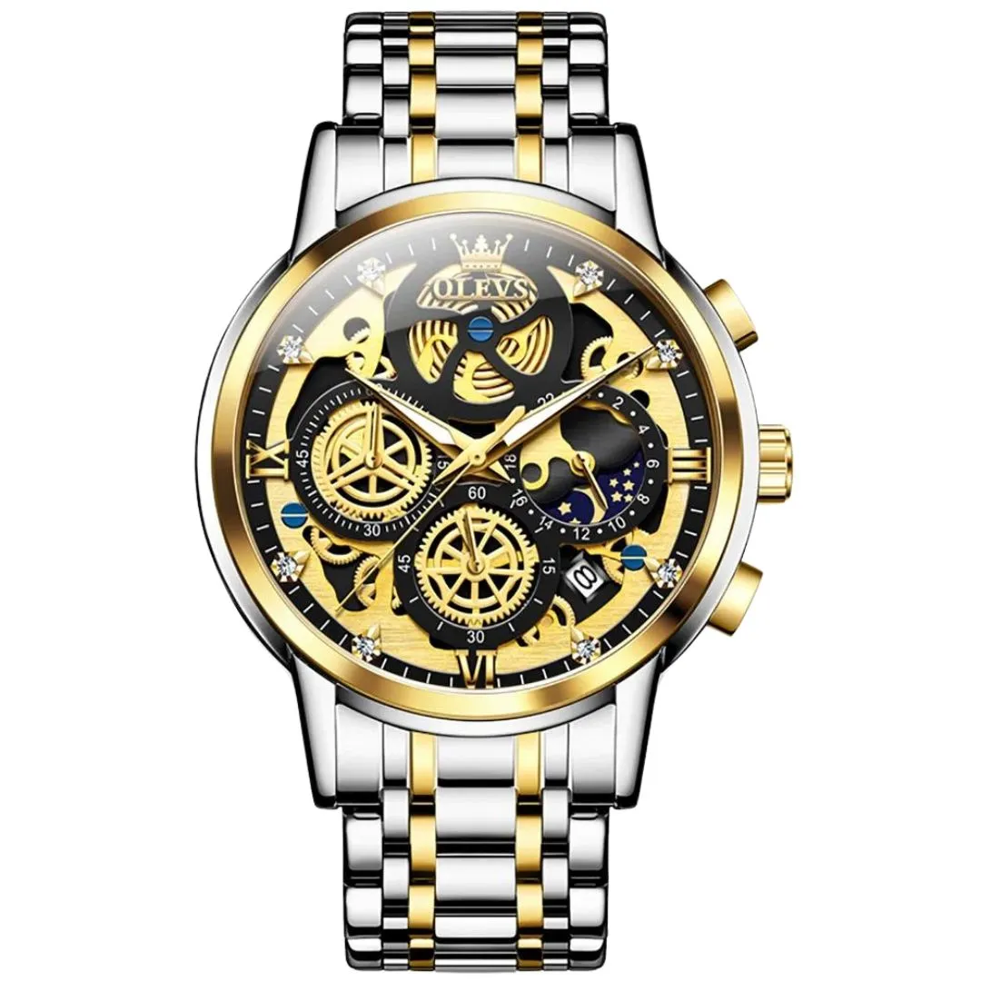 Elegance 9947 Men's Watches Top Brand Luxury Original Waterproof Quartz Watch for Man Gold Skeleton Style 24 Hour Day Night
