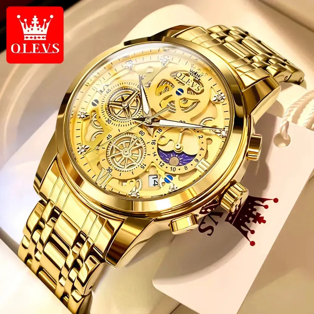 Elegance 9947 Men's Watches Top Brand Luxury Original Waterproof Quartz Watch for Man Gold Skeleton Style 24 Hour Day Night